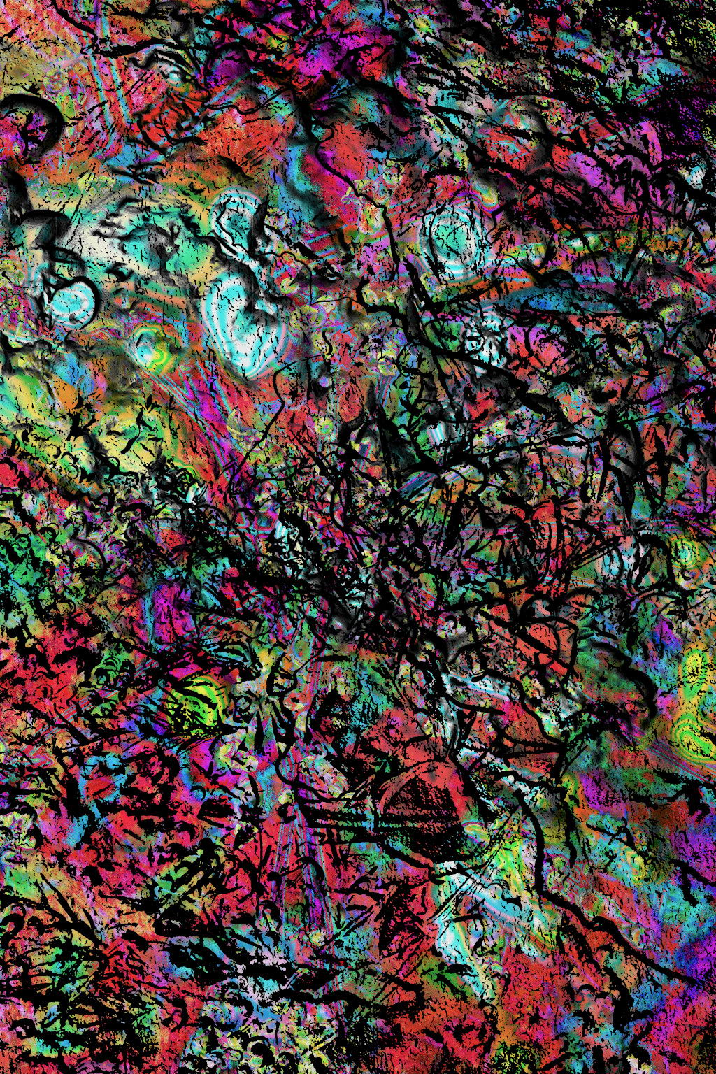 A porous stone surface dabbed in blotches of neon and covered in deep black scratches recalling cave paintings of fishes.