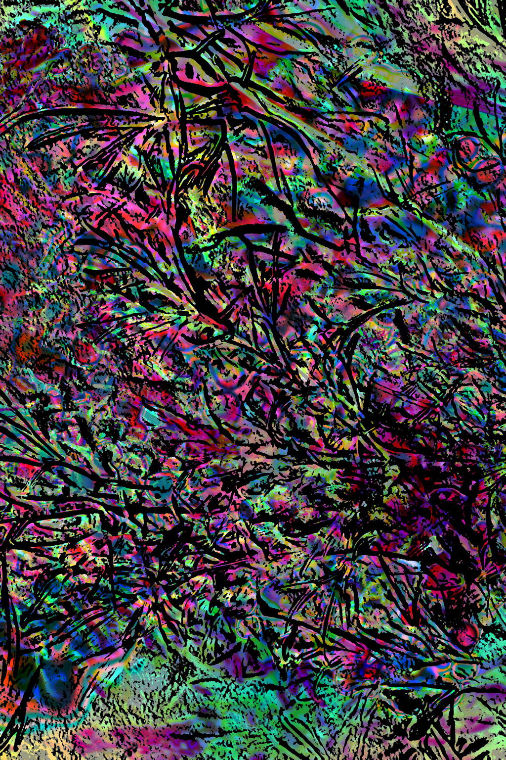 A porous stone surface dabbed in blotches of neon and covered in deep black scratches recalling cave paintings of fishes.
