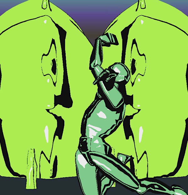 An abstract green humanoid leaping in front of two giant, green seashells.
