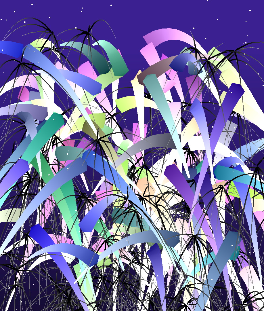 A profusion of arched, calligraphic lines filled with bright gradients.