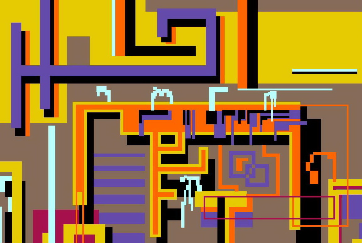 Umber rectangle on grey, showing stacks of ever smaller spiral forms in black, yellow, crimson and purple, occasionally dissolving in light blue waterfalls.