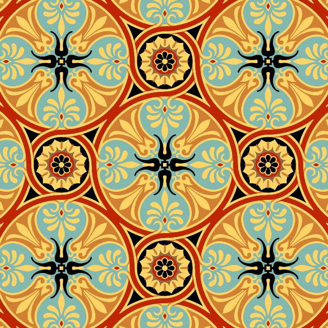 A geometric ornament consisting of large and small interlaced circles in red, filled with conventionalized greek floral arrangements on light blue.