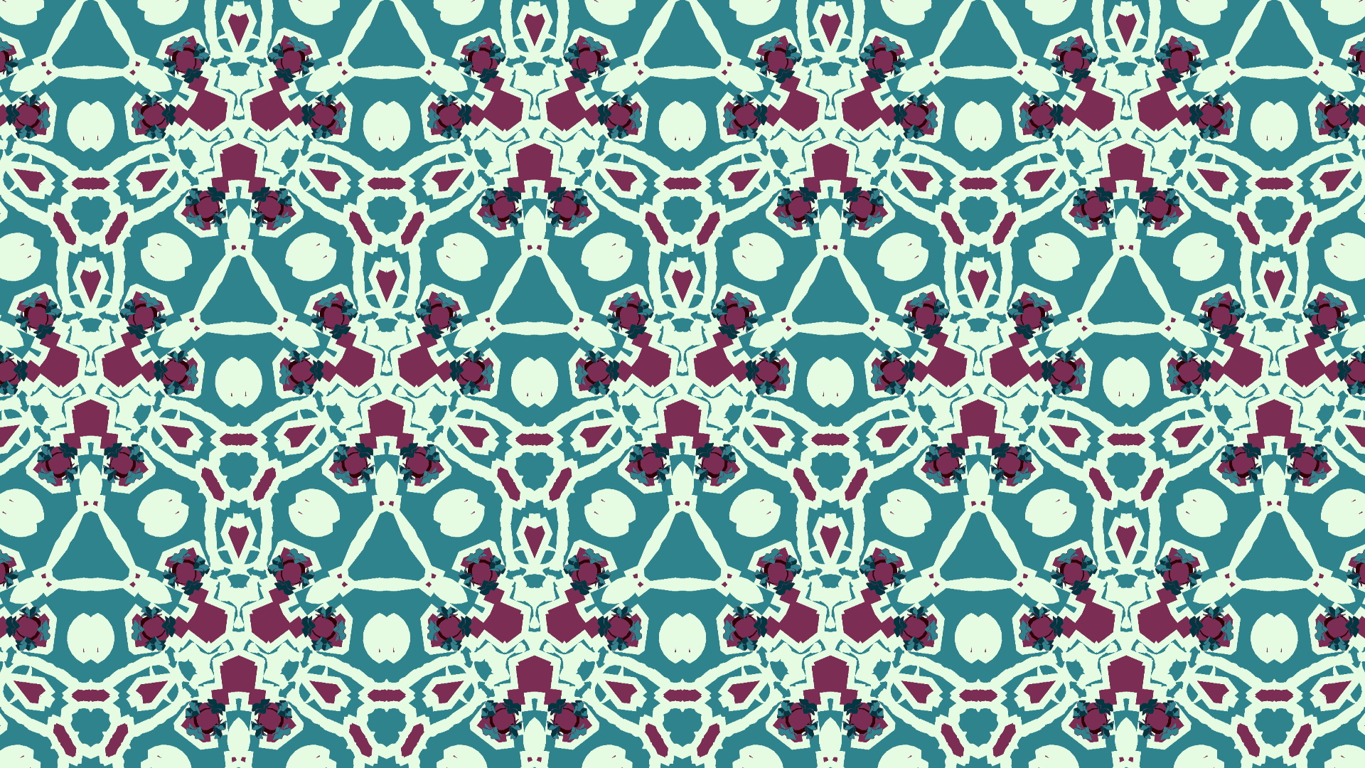 A geometric ornament of red hexagons inscribed with light pink forked designs and the corners notched by blue triangles.
