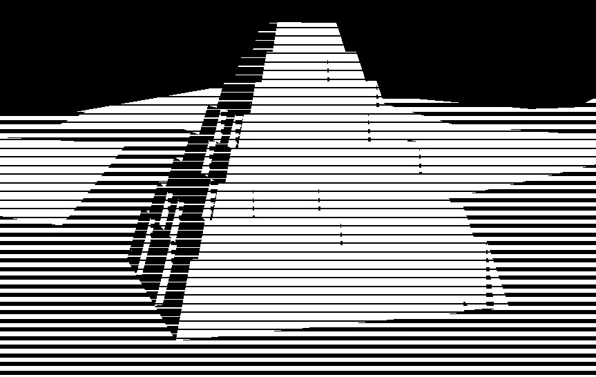 A grid of different stark white pyramids amidst dunes.