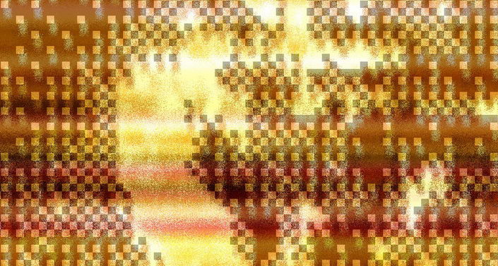 White, yellow and orange horizontal stripes getting dark brown towards the bottom, overlaid with a dark brown cloudy pixel pattern.