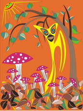 Jolly Daubs Digital Art: A surreal cat wanders through the forest.