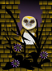 Jolly Daubs Digital Art: A barn owl in front of a wall and and a bush.
