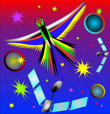 Jolly Daubs Digital Art: A surreal, colored monster bird in the sky.