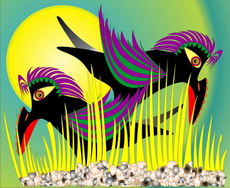 Jolly Daubs Art Print: A surreal pair of birds in seaweed.