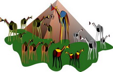 Jolly Daubs Digital Art: A herd of coloured camels in front of a pyramid.