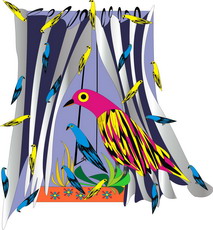 Jolly Daubs Digital Art: Coloured doves near a curtain.
