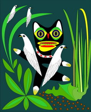 Jolly Daubs Digital Art: A cat with two white dove of peace.