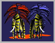 Jolly Daubs Digital Art: Two striped elephants in front of a palm.