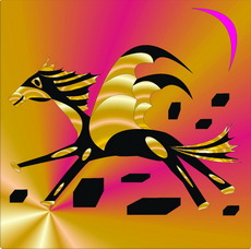 Jolly Daubs Digital Art: a flying fantasy horse with golden accents.