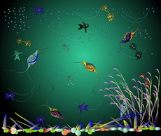 Jolly Daubs Digital Art: Coloured protozoa swim in a shining ocean.