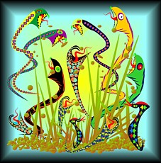 Jolly Daubs Digital Art: Many snakes are in the reeds.