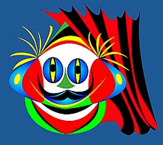 Jolly Daubs Digitalkunst: Ein Bajazzo mit spitzem Hut, der hinter einem Bühnenvorhang hervorschaut.