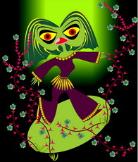 Jolly Daubs Digitalkunst: Hübsche Tänzerin auf einer Plattform von Blüten umrankt.