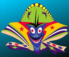 Jolly Daubs Digitalkunst: Eine Art Clown mit einem blauen Gesicht und einem riesigen, bunten Kragen.