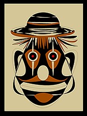 Jolly Daubs Digitalkunst: Ein rustikaler, erdfarbener Clown mit einem freundlichen und doch geheimnisvollen Lachen.