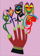 Jolly Daubs Digitalkunst: Bunte, surreale Handpuppen.