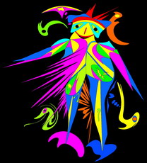 Jolly Daubs Digitalkunst: Eine ganz surreale Figur mit einem Umhang voller bunter Zipfel.