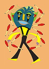 Jolly Daubs Digitalkunst: Jongleur in Latzhose mit übergroßem Kopf, der eine Menge Keulen jongliert.