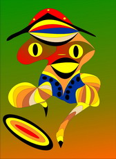 Jolly Daubs Digitalkunst: Eine surreale, bunten, rennende Figur neben einem Diskus.