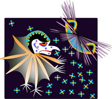 Jolly Daubs Digitalkunst: Eine diabolische Fledermaus-Figur mit einem süßen, kleinen, fliegendem Stachelgesicht.