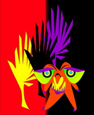 Jolly Daubs Digitalkunst: Ein surreales Männchen mit einer großen Brille vor einem Blatt.