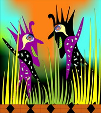 Jolly Daubs Digitalkunst: Zwei teuflisch anmutende Fantasyfiguren unterhalten sich im Schilf.