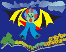 Jolly Daubs Digitalkunst. Eine Person fliegt mit großen, bunten Fledermausflügeln.