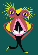 Jolly Daubs Digitalkunst. Eine stilisierte, surreale Figur mit großen Kulleraugen.