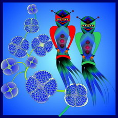 Jolly Daubs Art Print: Two alien figures glide over fantasy flowers.