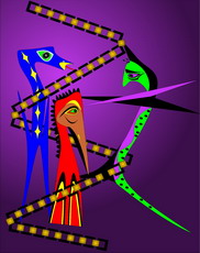 Jolly Daubs Collection: Three figures - two surreal birds and a surreal snake - wrapped in a chain.