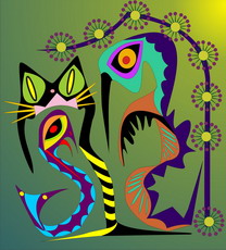 Jolly Daubs Collection: Three surreal figures under a surreal flower.