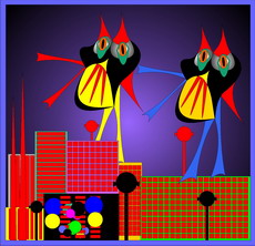 Jolly Daubs Collection: Some surreal friendly giant figures are wandering over the roofs of scyscrapers.
