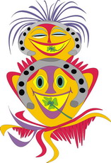 Jolly Daubs Collection: Two smiling horsehoe faces with a cloverleafs between their teeth.