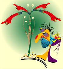 Jolly Daubs Collection: One big surreal figure with a little one on its back are passing a giant surreal flower.