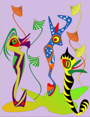Jolly Daubs Collection: Three surreal colourful seahorses.