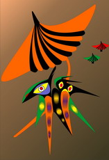 Jolly Daubs Collection: Two funny surreal monsters are flying with a striped umbrella.