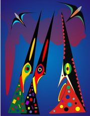 Jolly Daubs Collection: Three personified, coloured pointed caps are discussing.