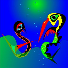 Jolly Daubs Collection: Two surreal figures in a very, very blue picture are symbolizing pure water.
