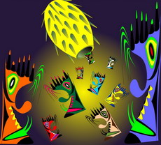 Jolly Daubs Collection: Two colored, extravagant boots in a dance.