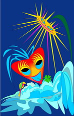 Jolly Daubs Collection: A bathing woman with a bird and a smiling sun.