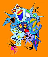 Jolly Daubs Digital Art: Ein Wirbelwind von laut rufenden, amorphen Gesichtern.