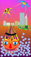 Jolly Daubs Digital Art: A swimmer in the danube with a big sun shining above her.