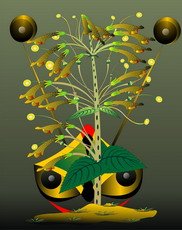 Jolly Daubs Digital Art: A bellflower with a funny goblin in the back.