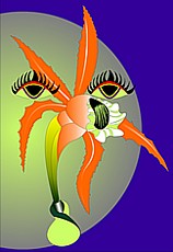Jolly Daubs Digital Art: A flower with eyes and long eyelashes in front of a moon.