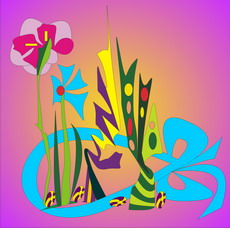Jolly Daubs Digital Art: A colored, surreal bouquet with a ribbon.
